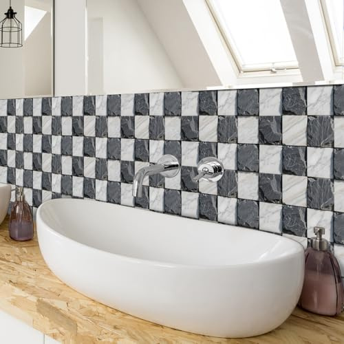 Fliesensticker 30x15 cm Schwarz Beige Stein Klebefliesen Boden Wasserdicht PVC Kamin Treppe Küchenrückwand Klebe Fliesen Fliesenfolie Küche Deko Fliesenaufkleber Bad 24 Stück