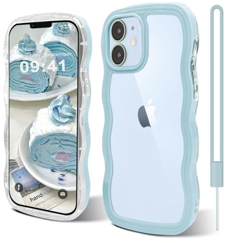 Andwing für iPhone 12/12 Pro hülle 6,1 Zoll Blau | niedlicher Wellenrahmen,lockige Form,stoßfeste harte PC-Telefonabdeckung für Frauen und Mädchen