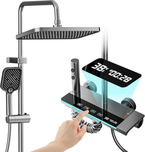 Shower Faucet Sets Complete Thermostatic Shower System Piano-Key Digital Shower Combo Wall Mounted Shower Trim Kit with 11.8 Rain Shower Head,4.5 Shower Head 2 in 1 Handheld Tub Spout (Gray)