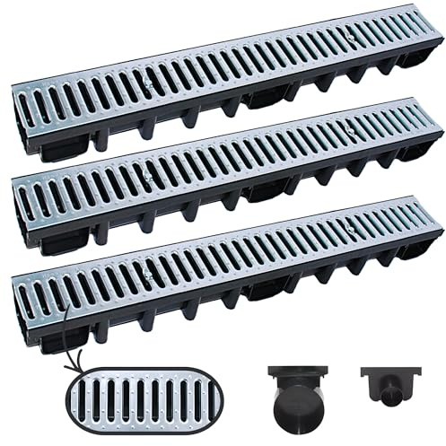 Megaa store 3m Entwässerungsrinne 98 mm – Komplettset A15 Kunststoffrinne Schwarz/Grau/Verzinkt Verschiedene Rostmuster Drainagerinne Bodenrinne (3 Meter, Stahlrost VERZINKT)