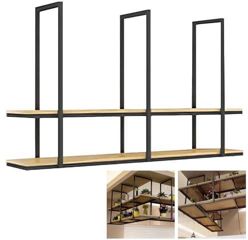 Hamankim Küchenregal aus Holz, 2-stöckig, zur Deckenmontage | Schwebendes Hängeregal, Blumenständer, Weinregal für Bar, Wohnzimmer, Balkon, Küche(90x30x80cm)