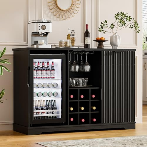 Aauro Home Fluted Wine Bar Cabinet with Fridge (Fridge Included), Drinks Cabinet Home Bar with Wine Rack & Glass Holder, Coffee Bar Cabinet with Drawer Storage, Sideboard for Living Dining Room Black