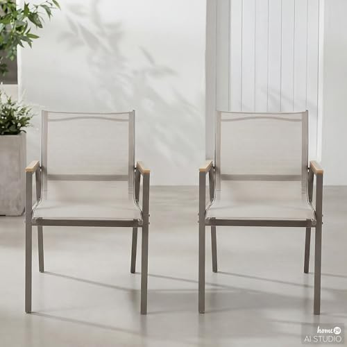 home24 Gartenstuhl 2er-Set in Salbei mit Olefin-Sitzfläche, Pulverbeschichtetes Stahlgestell with lichtechtem und wasserabweisendem Gewebe, Komfortables Sitzmöbel für den langlebigen Außeneinsatz