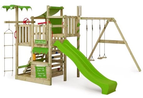 FATMOOSE Wooden climbing frame CrazyCoconut with swing set and apple green slide, Garden playhouse with sandpit, climbing wall & play-accessories