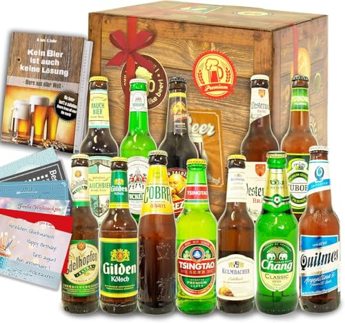 12er Bier Geschenkset – Biere aus Deutschland & Internationales Bier Welt | 12x Bier - Perfektes Männergeschenk zum Geburtstag – Inkl. Bierbuch & Bewertungsbogen – Fix & fertig verpackt