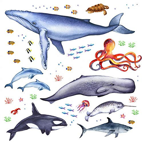 166 Wandtattoo Tiere der Meere - Blauwal, Hai, Delfin, Orca Größe 750 x 420 mm