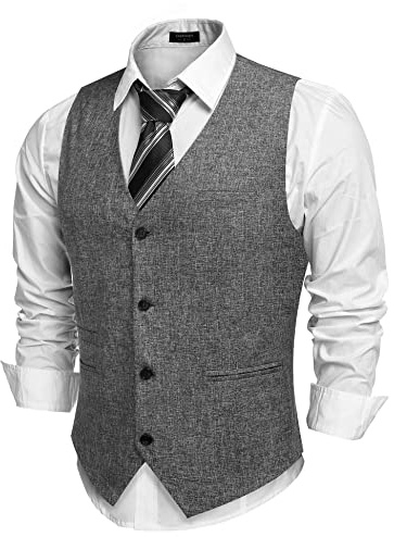 COOFANDY Men's Herringbone Tailored Waistcoat Single Breasted Classic Dress Vest Grey Large