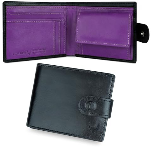 PELLE TORO All-in-One Handmade Leather Wallet with RFID Blocking, 8 Card Slots, Coin Pocket and Zip Section - Mens Gift in Wooden Box, Black & Purple