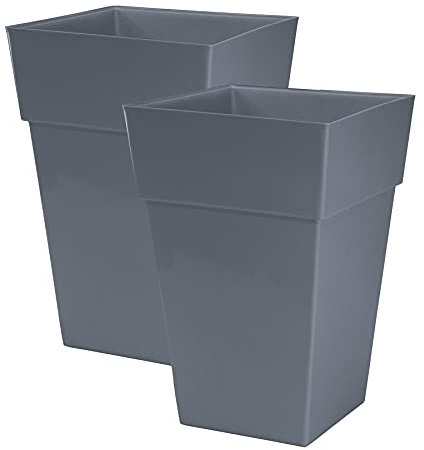 Moda Milano 28L 28 Litre Plastic Gloss Planters, Set of 2 - SLATE GREY Colour - Dimensions: 46cm (H) x 31cm (W) x 31cm (D)