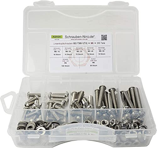Sortiment ISO 7380 Linsenkopfschrauben Torx M6 Edelstahl V2A 200 Teile mit Muttern, Unterlegscheiben