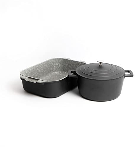 MasterClass Set of Gift-Boxed Cast Aluminium Casserole Dish 24cm/4 Litre, Roasting Pan, Black, 34cm