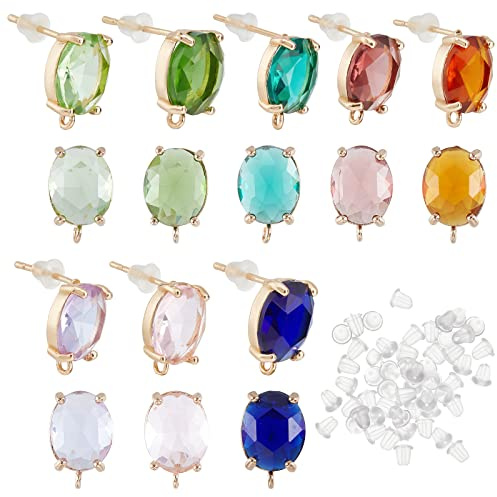 SUPERFINDINGS 16 Stück 8 Farben Messing Ohrstecker Zubehör Mit Glas Gold CZ Ohrring Zubehör Oval Ohrstecker Mit Öse Für Ohrring Schmuckherstellung, Bohrung: 1.2 mm