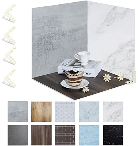 5 Placas de Fondo de fotografía de Doble Cara con 10 Patrones de 40 x 40 cm (16 x 16 Pulgadas) Fondo de fotografía de mármol Blanco Textura de Grano de Madera Kit de con 4 Grapas