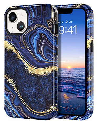 YINLAI for iPhone 13 Case Marble Pattern 3 in 1 Full Body Rugged Hard PC Back Cover Bumper, Soft Silicone Drop Shockproof Protection Girly Women Case for iPhone 13 6.1 Inch,Navy Blue