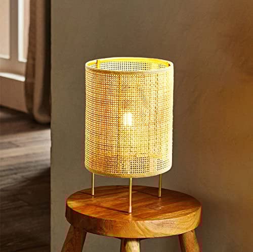 GUANSHAN Handgefertigte Rattan-Tischlampe, Nachtlicht, elegante und einfache Rattan-Nachttischlampe mit goldenen Stativständern, Tischleuchte, dekorative Tischbeleuchtung für Schlafzimmer, Wohnzimmer