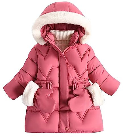 linboo Kinder Winterjacke Mädchen Jacke Gefüttert Warme Wintermantel Outdoor Kapuzenjacke Winddicht Parka mit Plüschhandschuhen Steppjacke, Rosenrot, 104-110