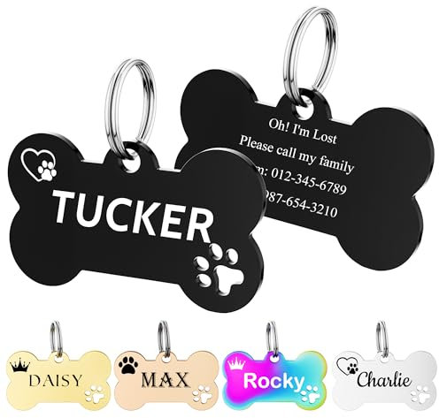 Hundemarke mit Gravur - FAMIPAWS Dog Tag Personalisiert mit Name, Symbol und Telefonnummer - Namensschild für Halsband - Tiermarke für Hunde, Katzen & Welpen - Knochen-Pfote