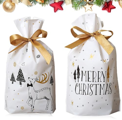 50 Stücke Geschenkbeutel Weihnachten,Geschenkverpackung Weihnachten mit Band&mit Kordelzug,Weihnachtstiiten Klein,Süßigkeiten Taschen,Weihnachtstüten Süßigkeiten Plastik Tasche für Hochzeit Frohe