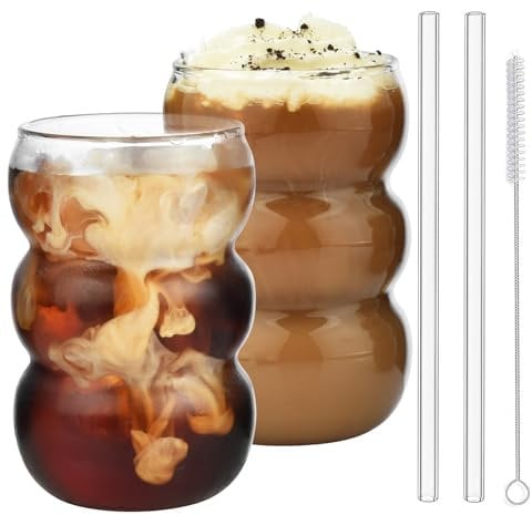 VITEVER 2 Pack 550ML Iced Coffee Glasses, Bubble Drinking Glasses Tumblers - Glass Cups Mini Cute Ripple Shaped Vintage Ribbed Glassware - Cocktail, Water, Soda, Juice, Milk