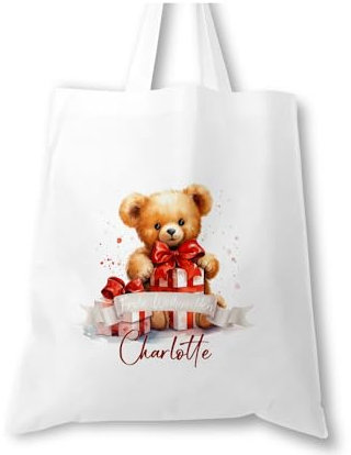 timalo® Große Einkaufstasche Stoffbeutel personalisiert mit Namen Geschenk Weihnachten für Kinder. Männer und Frauen | Teddybär