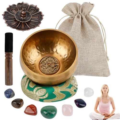 Bol Chantant,7.9cm Bol de Méditation Yoga avec Maillet en Bois/Coussin de Soie/7 Pierres de Chakra/Porte-encens/Sac, Bol de Méditation pour Méditation/Yoga/Relaxation Mentale, Bols Chantants Tibétains