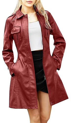 Lederjacke Damen Schwarz, Winter Vintage Elegant Herbst Bikerjacke Kunstlederjacke Echtleder Schwarz mit Gürtel Lederjacke Damen-Jacken Lang Oversize Leather Jacket Motorrad Jacke