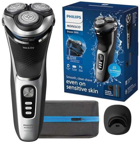 Philips Norelco Shaver 3900 Series, afeitadora eléctrica en húmedo/seco, tapa P, bolsa de viaje, soporte de carga, azul tormenta, modelo S3341/92