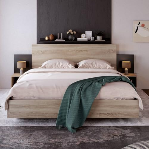 KOMHTOM Lit Double avec 2 Tables de Nuit,Moderne Table de Chevet en Une pièce lit en Bois avecSommier à Lattes, Cadre de Lit Plateforme pour Adultes, Adolescents(sans Matelas) (160 x 200cm)