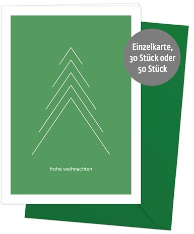 30er-Set Weihnachtskarten Grußkarten „Frohe Weihnachten“ – Minimalistische Klappkarten im Premium-Format mit Umschlag in Tannengrün