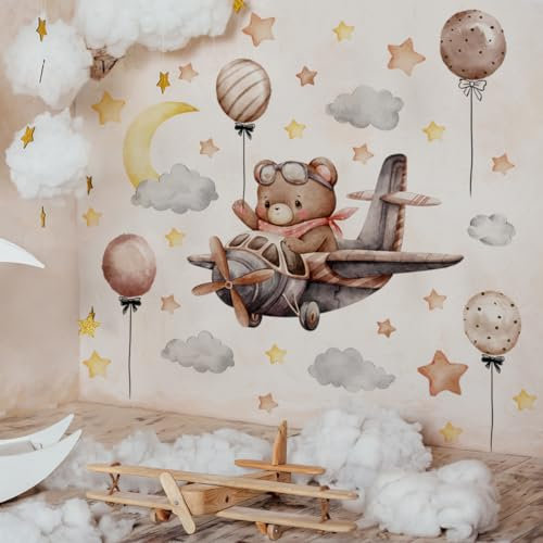 Runtoo Wandtattoo Bär fliegt ein Flugzeug Wandsticker Mond und Sterne Ballon Wandaufkleber Kinderzimmer Babyzimmer Mädchen Junge Wanddeko