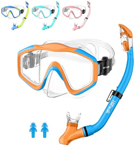 HiiPeak Kids Snorkel Set, Dry Top Snorkel Mask Snorkelling Package, Snorkelling Diving Mask with Breathing Tube Panoramic View Tempered Glass Anti-Fog, Children Swimming Goggles,Snorkeling Gear