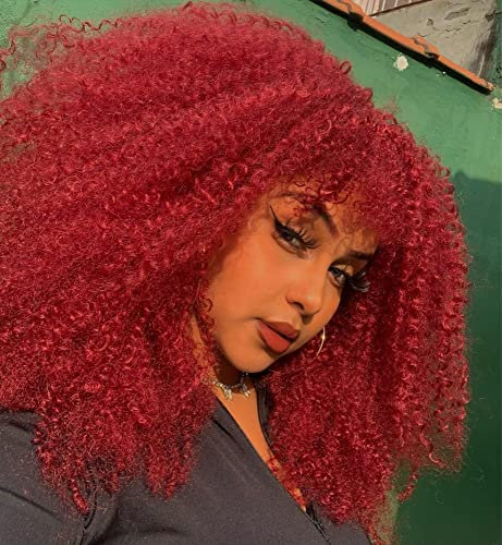 ISAMY Lange lockige Perücken für Schwarze Frauen Afro Bomb Curly Perücke mit Pony Synthetische Faser Klebefrei Lange Afro Kinky Curly Haar (Rot)