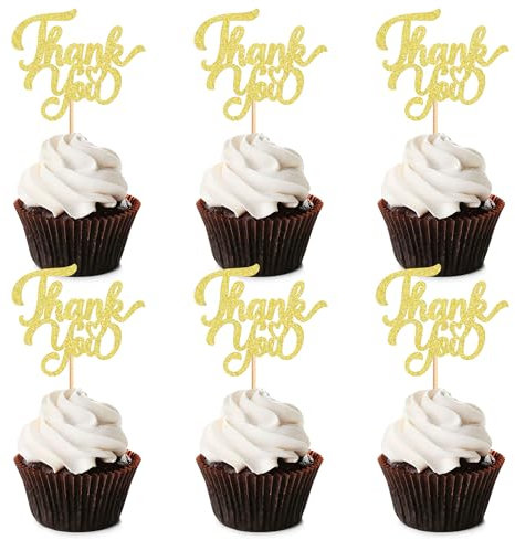 Blumomon 24Pcs Gold Glitter Thank You Cupcake Toppers Thank You Cupcake Picks for Birthday Anniversary Thanksgiving Day Wedding Bridal Party Decoration Supplies