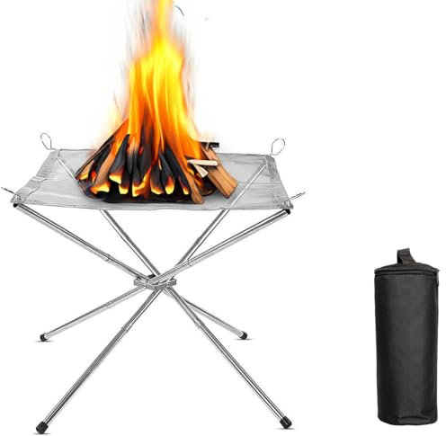 Portable Fire Pit for Camping, Outdoor Folding Firepit Fireplace with Carrying Bag, Stainless Steel Mesh BBQ Fire Bowl Camping Accessories for Picnics, Bonfire, Patio, Backyard and Garden