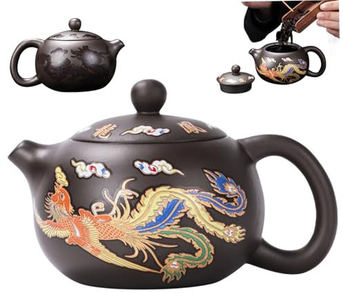 KYEQATY Ceramic Teapot Dragon and Phoenix Chinese Teapot Color Changing Kung Fu Tea Pot with Handle and Infuser 250ml Wide Mouth Traditional Teapot Gift with Foam Package