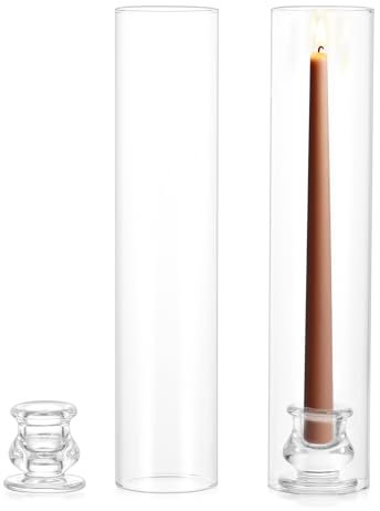 NUPTIO Portacandele In Vetro Set di 2 Portacandele A Uragano Trasparenti Alti 30cm - Portacandele Affusolati con Coperchio A Cilindro Antivento per Caminetto E Sala da Pranzo