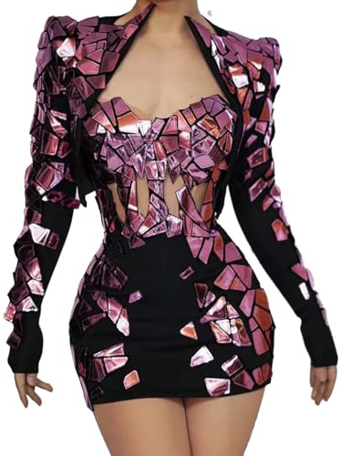 SXHEYUY Femmes Drag Costume Sequin Diamants Body Étape Soirée Clubwear Strass Justaucorps Robe,Violet,L