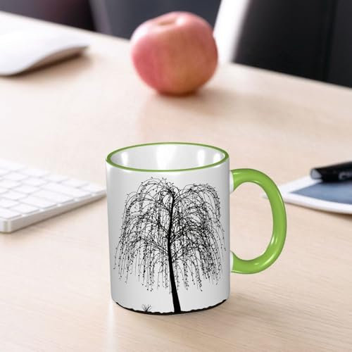 YOIUE Tasse aus Keramik - Große 11oz Tassen 330ml Kaffeetassen mit Henkel, 100% Handbemalt - Trinkgläser mit Griff - Weiß,Hochdetaillierte Baumsilhouette auf weißem Hintergrund. Schwarz-Weiß-Kontur f