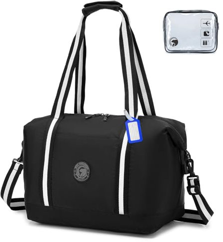 BAGZY Reisetasche 40 x 30 x 25 cm Handgepäck Eurowings, 30L Faltbare Weekender Sporttasche Taschen Koffer Tasche Wasserdicht Nylon Umhängetasche Hospital Bag Kabine Handtaschen,Schwarz