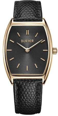 BURKER Damenuhr Grace, Oval Damen Armbanduhr Lederarmband Edelstahl Analog Quarz 3-ATM Wasserdicht - 25 mm - Schwarz Schwarz Leder