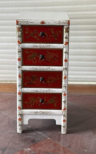 Kunibert Antike chinesische Kommode Tibet Anrichte Asia Sideboard Chinakommode mit 4 Schubladen Breite38xHöhe88cm Farbe: weiß mit Gold