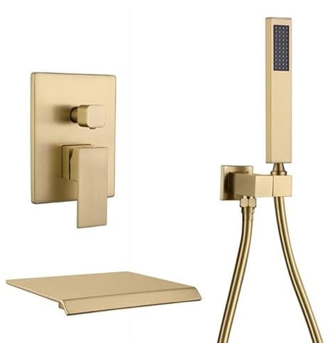 Badewannenarmatur Wasserfall Gebürstetes Gold Wannenarmatur mit Brause Duscharmatur Unterputz Set Aus Messing