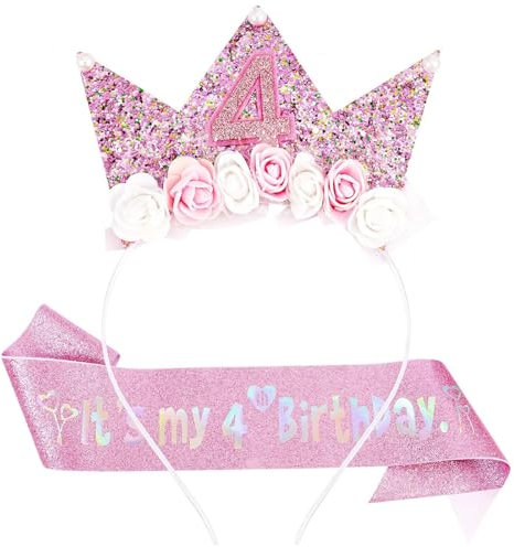 LunarCharm Dekorationen zum 4. Geburtstag für Mädchen, Haarreif und Glitzerschärpe für 4-jährige Mädchen als Geburtstagsdekoration, Blumen-Prinzessinnen-Kronen-Haarreif