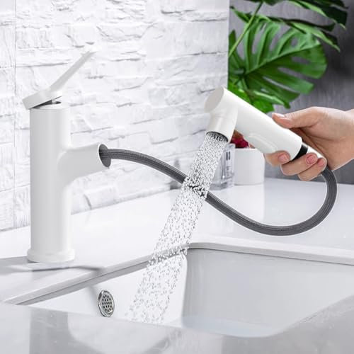 DASIAUTOEM Wasserhahn Bad, Wasserhahn Ausziehbar, Waschbecken Waschtischarmaturen mit Herausziehbarer Hochdruck Strahlarten Einhebelmischer für Badezimmer Waschbeckenarmatur (Weiß)
