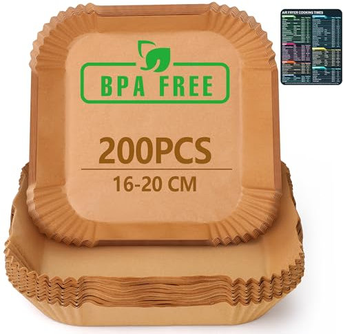 200 Piezas Papel Horno para Freidora sin Aceite 2-4L, 16CM Papel Air Fryer Cuadrado Desechable Antiadherente, para Air Fryer de 2-4 L, Horno, Sartén, Microonda