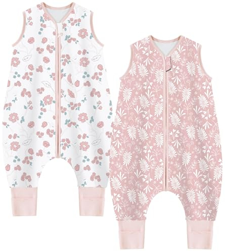 Chilsuessy Baby Sommerschlafsack mit Füßen 2er Pack 1 Tog Kinder Schlafsack mit Beinen 100% Baumwolle Schlafstrampler für Jungen Mädchen, 1 Tog/Süße Blüten + Rosa, 90cm/Baby Höhe 100-110cm