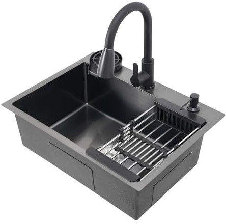 HarBin-Star - Fregadero de cocina, 60 x 45 cm, acero inoxidable con grifo para tragar, dispensador de jabón y escurridor, fregadero individual empotrable