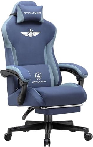 GTPLAYER Gaming Stuhl, Ergonomischer Gamer Stuhl aus Stoff mit Lendenwirbelstütze, PC-Stuhl mit verbreiterter Rückenlehne, Belastbar bis 150 kg, Blau