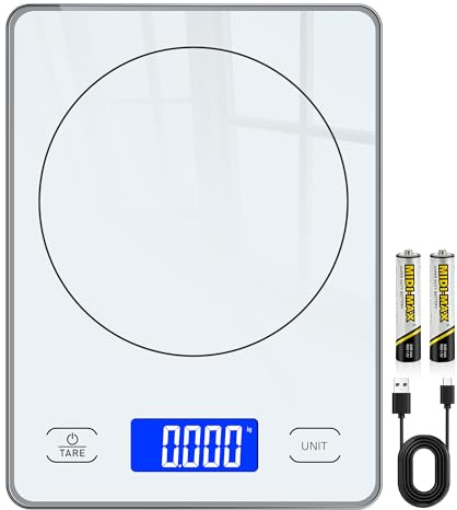 Küchenwaage Digital mit 15 kg Tragkraft, 5 Einheiten in g/ml/fl'oz, Präzise Waage Küche mit Großem Display, Dual Power (USB-C/Batterie), 1g Hochpräzise, Tara, Sicherheitsglas für Backen, Kochen