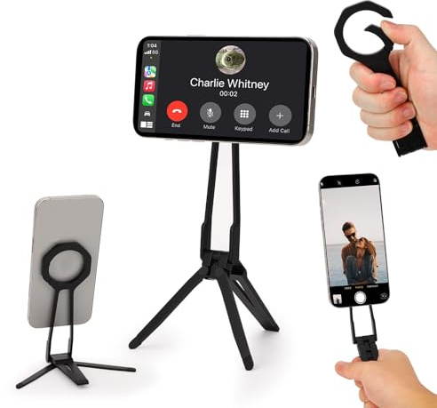 Magnetic Phone Tripod Stand for iPhone 12/13/14/15/16, Foldable Portable Phone Stand for Desk, Pocket Travel Tripod, Selfie Stick Handle Grip (Black)